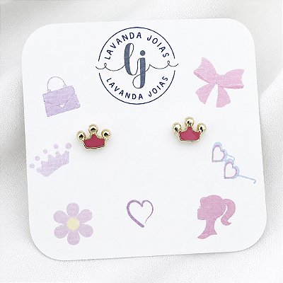 Brinco Baby Coroa Pink em banho Ouro 18k