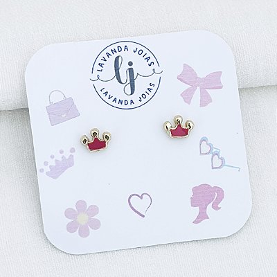 Brinco Baby Coroa Pink em banho Ouro 18k