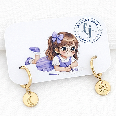 Brinco Argolinha Sol e Lua em banho ouro 18k