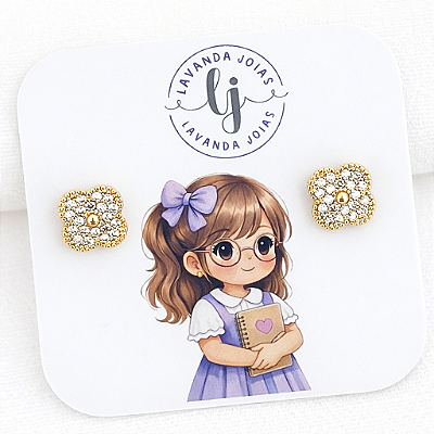 Brinco Flor trevo da sorte em banho Ouro 18k