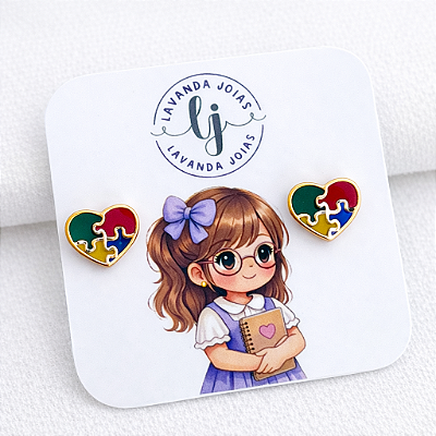 Brinco Coração autismo em banho Ouro 18k