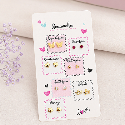 Kit de Brincos Semaninha Cute banho Ouro 18k