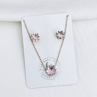 Conjunto Quartzo Rosa banho ouro 18k