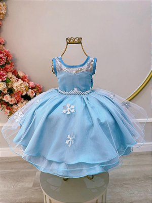 Vestido Infantil Azul Frozen Elsa Gelo C/ Capa de Luxo