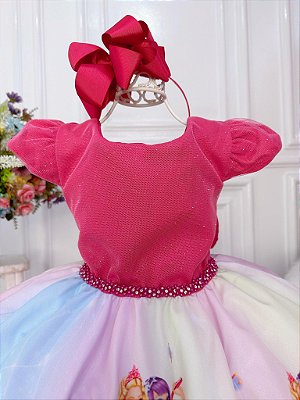 Vestido Infantil Barbie Princesa Festa Pink Peito Glitter