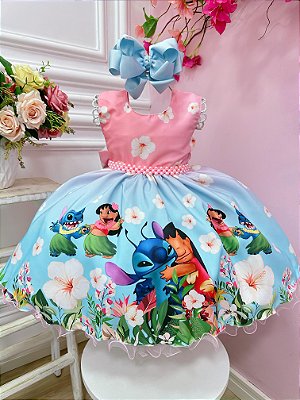 Vestido Bebê da Lilo e Stitch Rosa Florido Festas Luxo