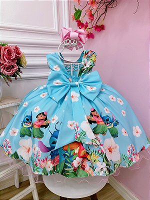 Vestido Infantil da Lilo e Stitch Azul Claro Florido Festas