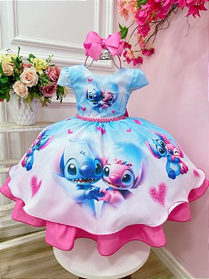 Vestido Infantil Azul Lilo Stitch e Angel Apaixonados Festas