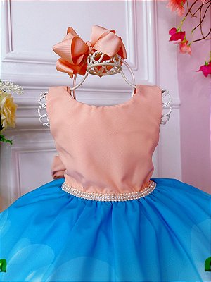 Vestido Infantil Moana Baby Pêssego e Azul Luxo Festa