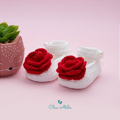 Sapatinho Princesa - Branco com rosa vermelha