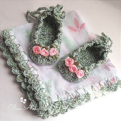 Kit Sapatilha 3 Marias Verde Mesclado/Rosa + Fralda de Boca