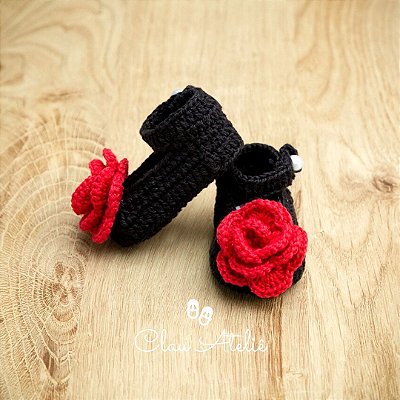 Sapatinho Princesa - Preto com Rosa vermelha