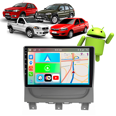 Kit Multimídia Carplay Android Auto 9” Palio Siena Strada 2012-2020 Google Assistente Siri Câmera de Ré