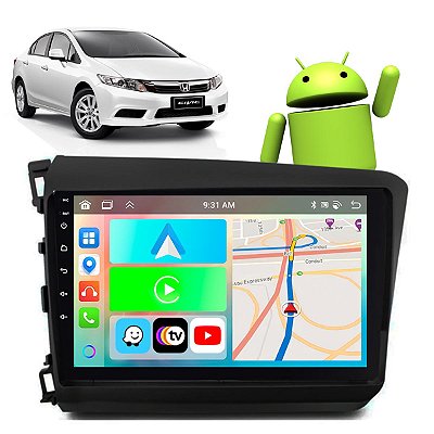 Kit Multimídia Carplay Android Auto 9” Civic 2012-2016 GPS TV Online Google Assistente Siri Câmera de Ré