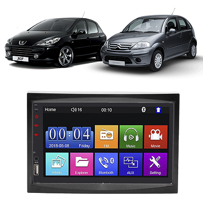 Kit Multimídia Mp5 PEUGEOT 307 C3 2003-2010 7” Android IOS USB SD Bluetooth Rádio FM