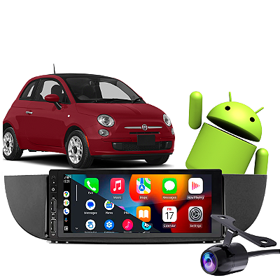 Kit Multimídia Android 1 Din 2/32GB CarPlay Fiat 500 2010-2017 + Câmera de Ré