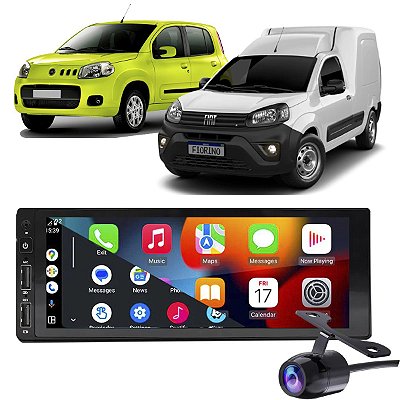 Kit Multimidia 1 Din Android Fiat Uno Fiorino 2011-2015 Bluetooth Waze CarPlay Android Auto + Câmera de Ré