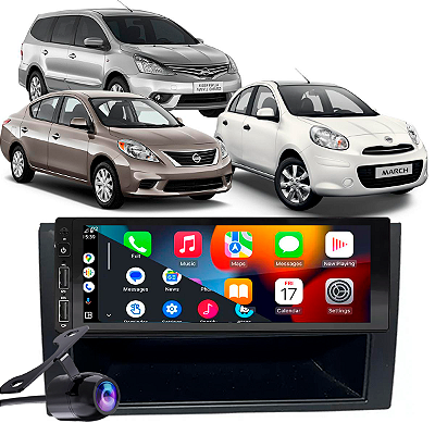Kit Multimidia 1 Din Android Nissan March Versa Livina 2011 a 2013 Waze CarPlay Android Auto + Câmera de Ré