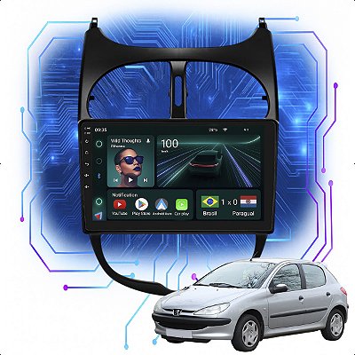 Kit Multimídia Android 9” Peugeot 206 2000-2010 | 4GB + 64GB, CarPlay e Android Auto