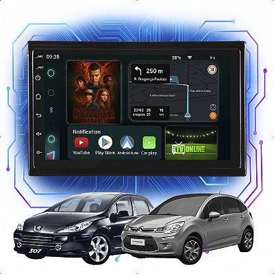 Kit Multimídia Android 4-64GB 7p Peugeot 307 C3 2002 a 2012 Youtube + Câmera De Ré