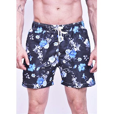 Short Praia Sergi Romero - Floral Azul c/ Preto