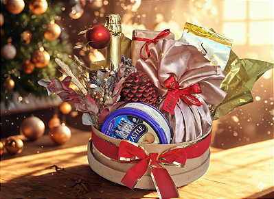 Cesta Natal Elegance redonda. Cesta de Presente Natal