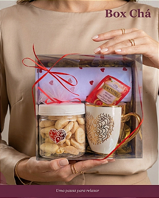 Caixa Caneca Chá Especial, chocolate, e biscoitos. Cesta presente Dia das Mães