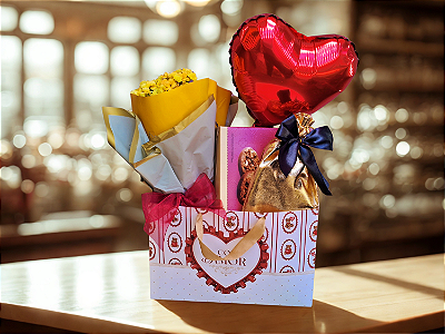 Cesta com Amor Flores. Sacola Amor Dia dos Namorados