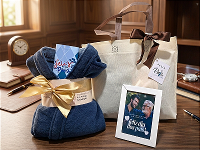 Cesta Dia dos Pais Roupão Microfibra Plush Tam G Azul, Chocolate e Porta-Retrato