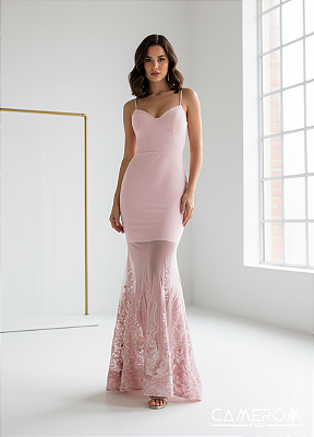 Vestido Longo Sereia Rose em Crepe e Tule