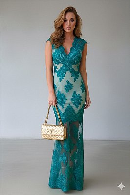 Vestido Longo Verde em Tule Bordado Bárbara - Cloude