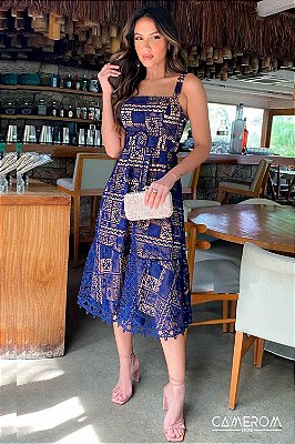 Vestido Midi em Renda Azul Marinho com Nude Camy