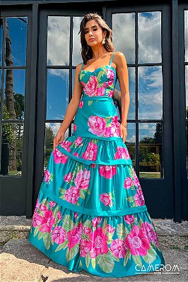 Vestido Longo Verde Escuro Floral Limone Millenial