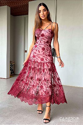 Vestido Midi em Tule Bordado Vinho Elle