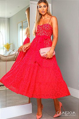 Vestido Midi de Renda Vermelho Carmim