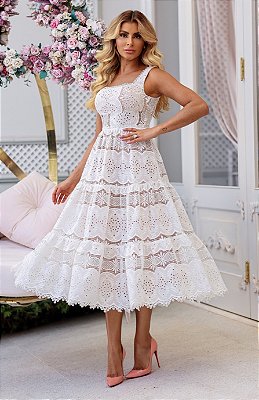 Vestido Midi em Laise Branco Belo