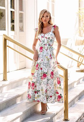 Vestido Midi de Crepe Estampado Floral Caroline