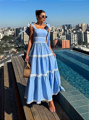 Vestido Midi Viscolinho Azul Bebê Paloma