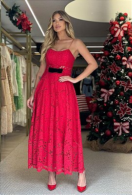 Vestido Midi de Renda Vermelha Chris