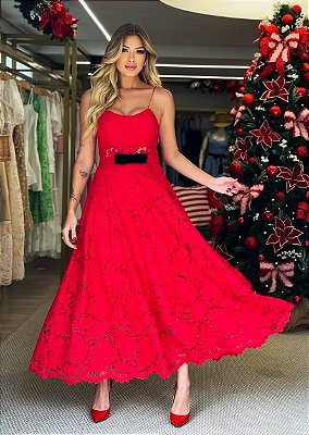 Vestido Midi de Renda Vermelha Chris