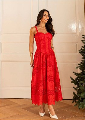 Vestido Midi de Renda Vermelha Rani