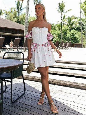 Vestido Curto Off-white Com Estampa Floral Karen