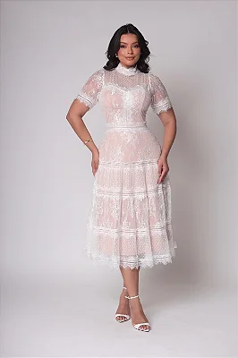 Vestido Midi Off White em Renda e Tule com Guipir Angel