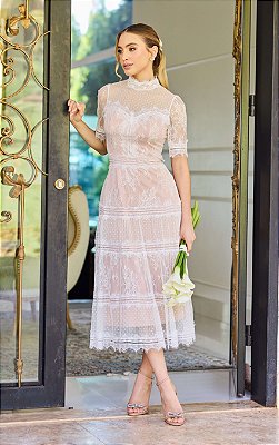 Vestido Midi Off White em Renda e Tule com Guipir Angel