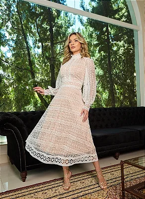 Vestido Midi Off White em Guipir com Manga Longa Jaine