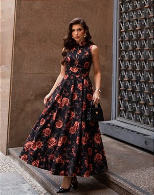 Vestido Midi Floral com Fundo Escuro Pabline