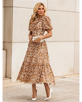 Vestido Midi de Renda Marrom Com Off-White Selene Marrom
