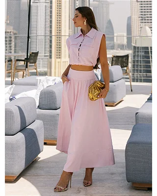 Conjunto Midi Rosé com Cropped Manu