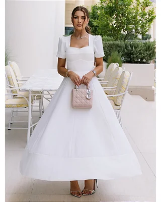 Vestido Midi Off White Manga Bufante e Decote Coração Bianca