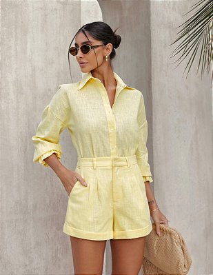 Camisa Linho Punho Elástico Amarelo